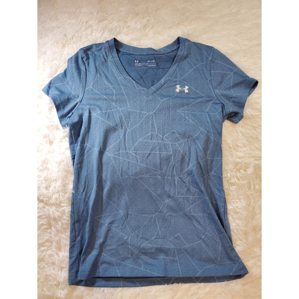 Under Armour Shirt Womens Small Blue Heat Gear Loose V-Neck Running Breathable